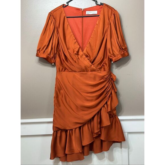 NWOT Mac Duggal Short Wrap Puff Sleeve Burnt Orange Dress Style #26928 Size 8US - Picture 3 of 12